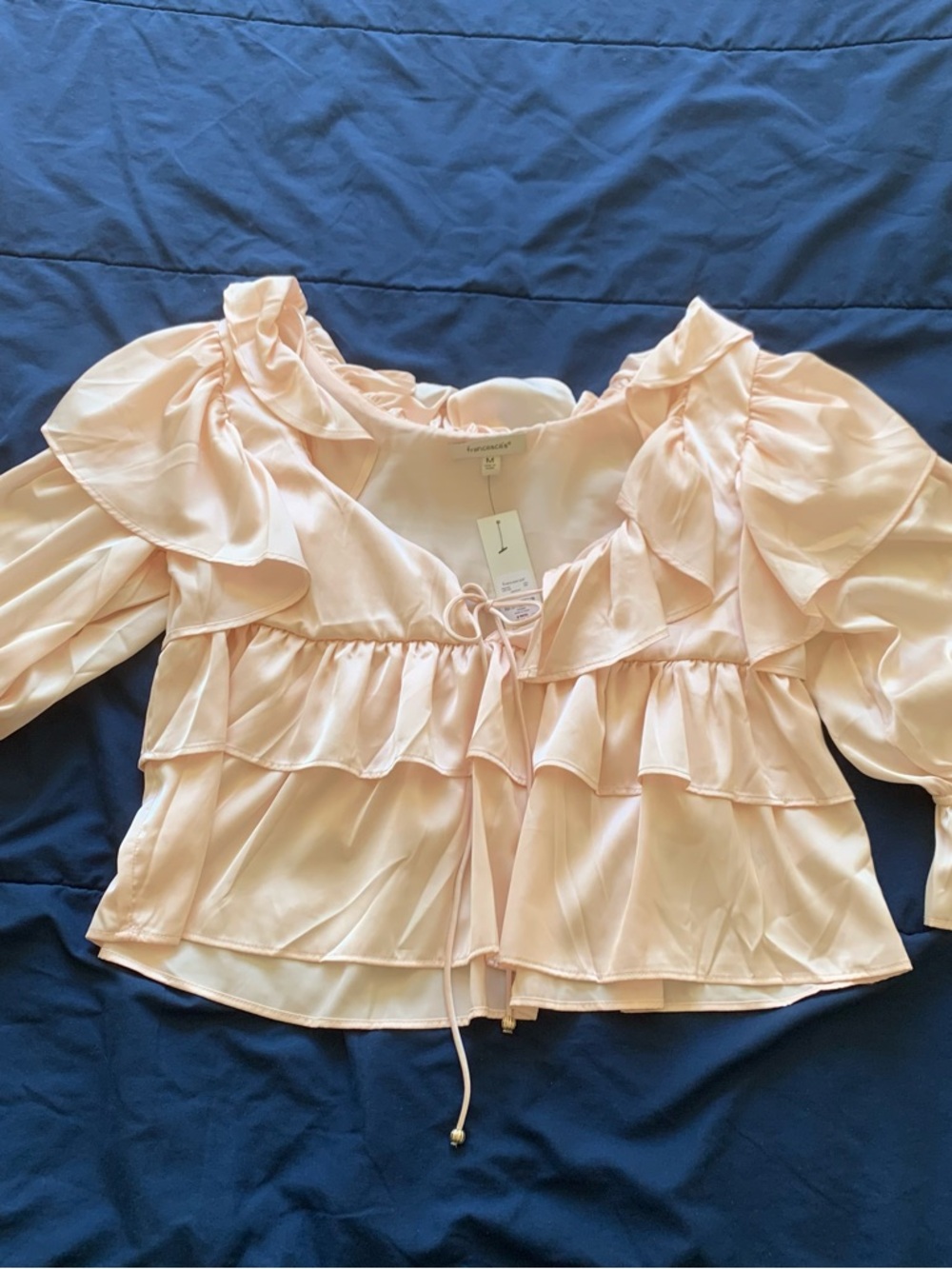 Francesca's Collections Pale Pink Ruffle Tie-Front Satin Blouse